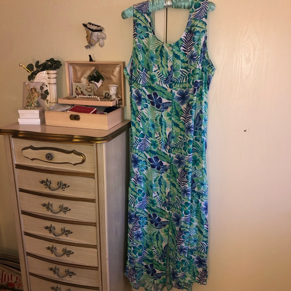 Floral Green and Blue Sleeveless Dress